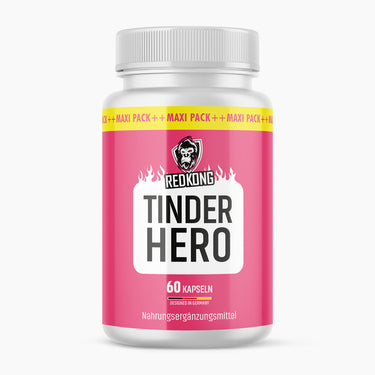 Kunststoffdose Tinder Hero 60 Kapseln mit Gorilla-Symbol Redkong auf pinkem Etikett